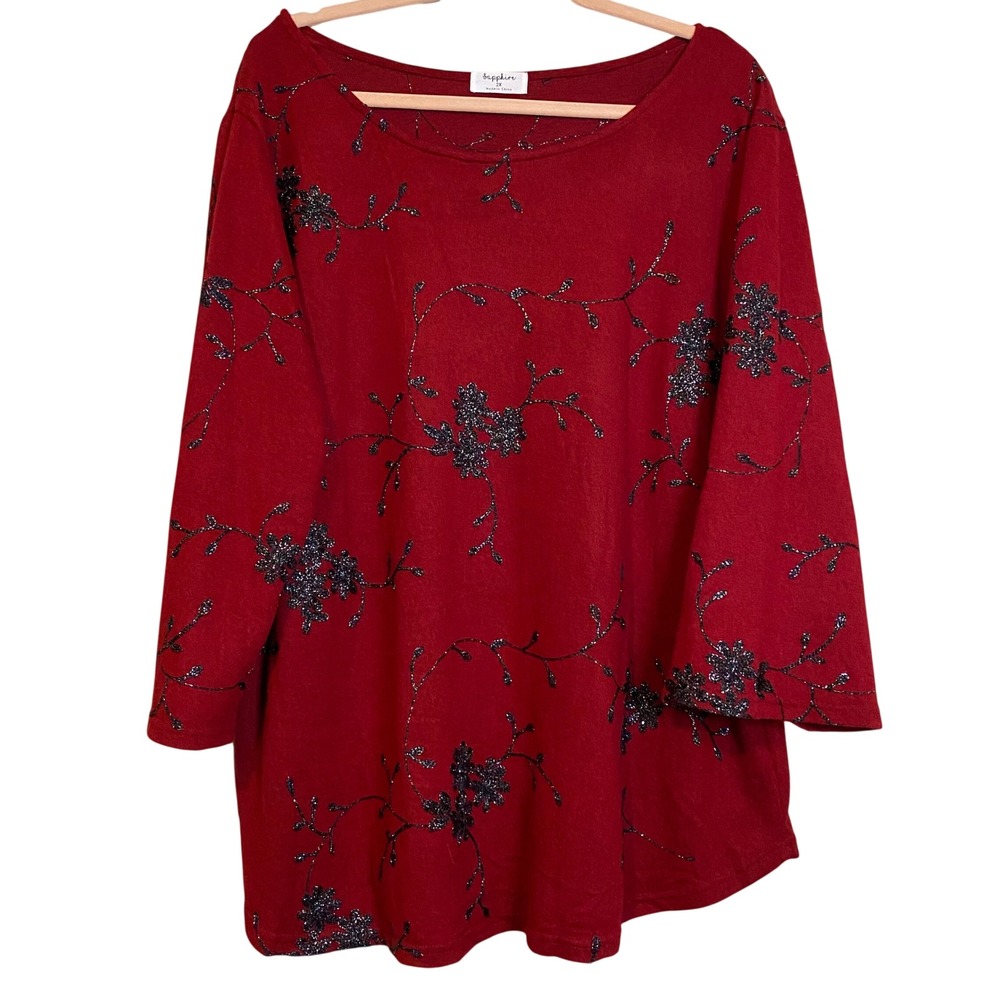 Sapphire Women 2X Top Burgundy Red Black Glitter Floral 3/4 Sleeve Blouse Plus